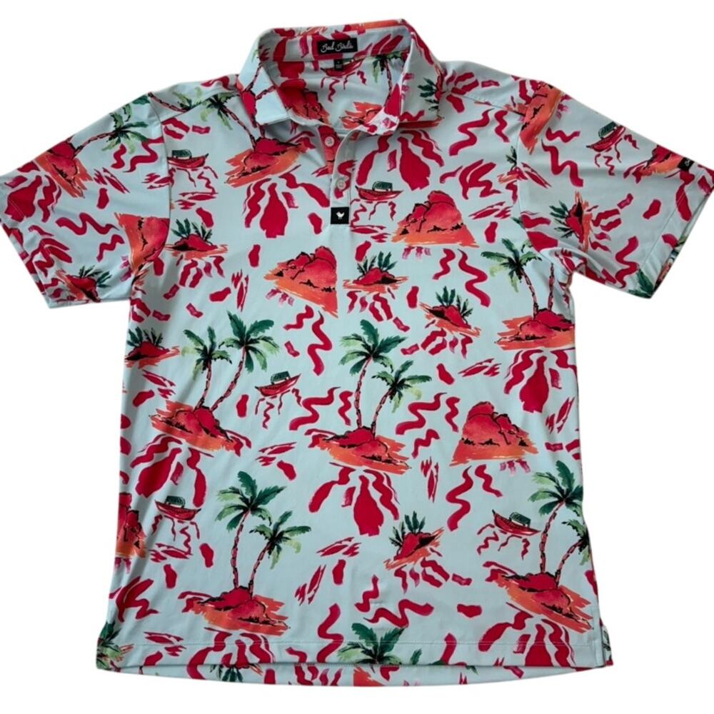 Bad Birdie Mens Large Light Blue Red Tropical Palm Tree Sailboat Golf Polo Shirt